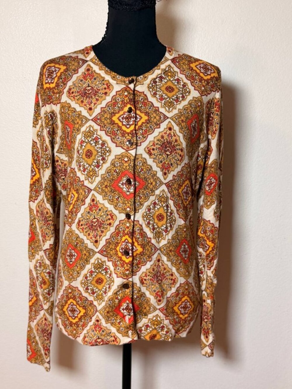 Charter Club Mustard Orange Medallion Print Cardigan 70s Boho Retro Button Up M